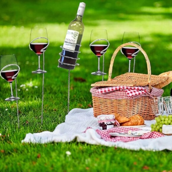 Outdoor Wine Glass and Bottle Stakes, 5 piece, Beach Picnic Vacation Cottage - Picture 5 of 9